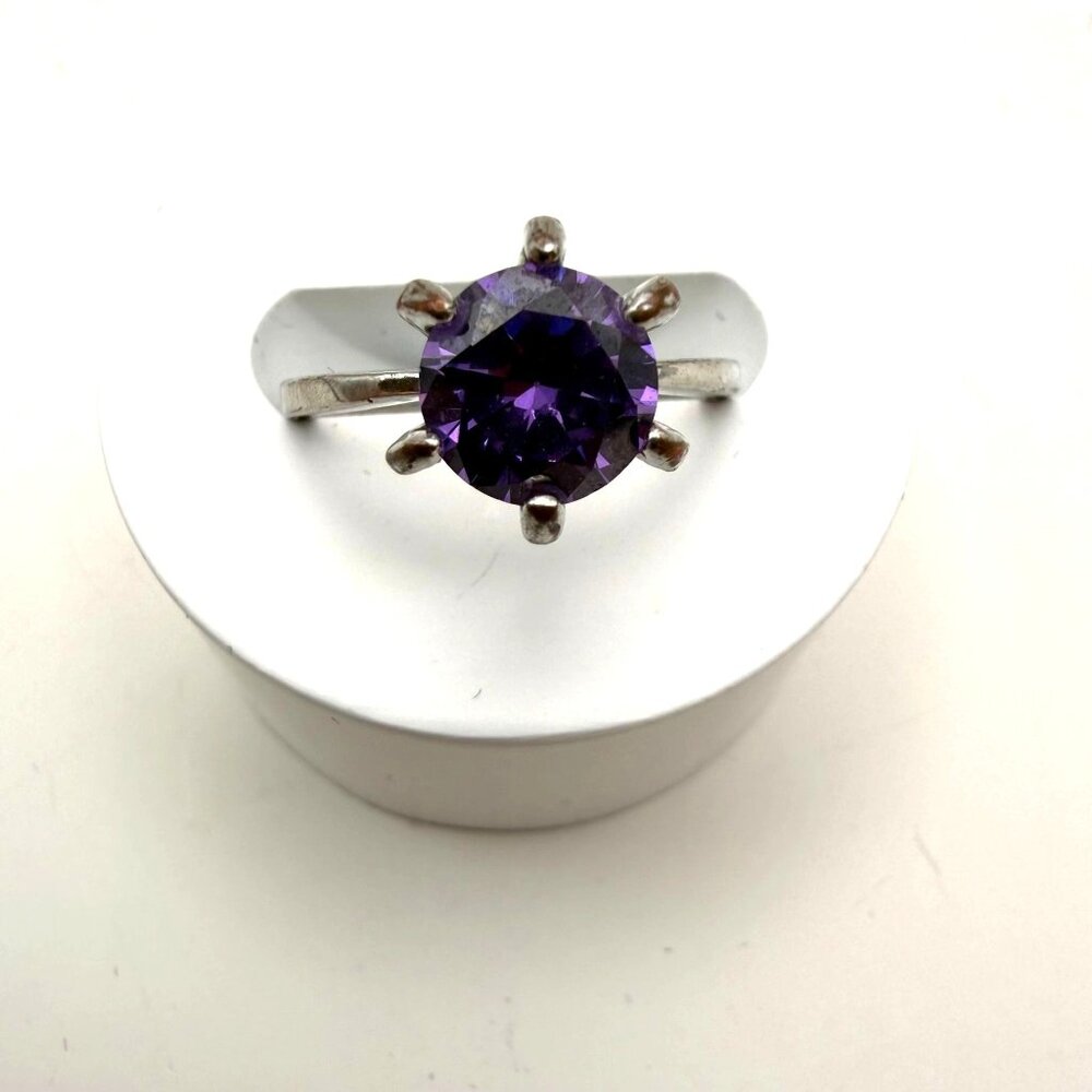 VTG Purple Round Cut Fashion Ring Silver Tone Statement Jewelry